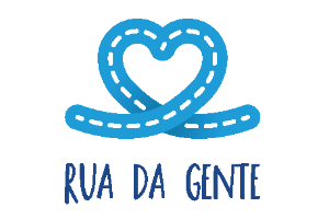Logotipo do programa Rua da Gente. Em fundo branco, o desenho de uma rua, em azul, forma um coração. Abaixo disso, escrito em letras maiúsculas e em azul-escuro Rua da Gente.